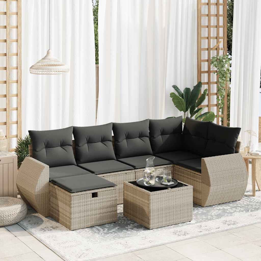 Set Divani da Giardino 7pz con Cuscini Grigio Chiaro Polyrattan