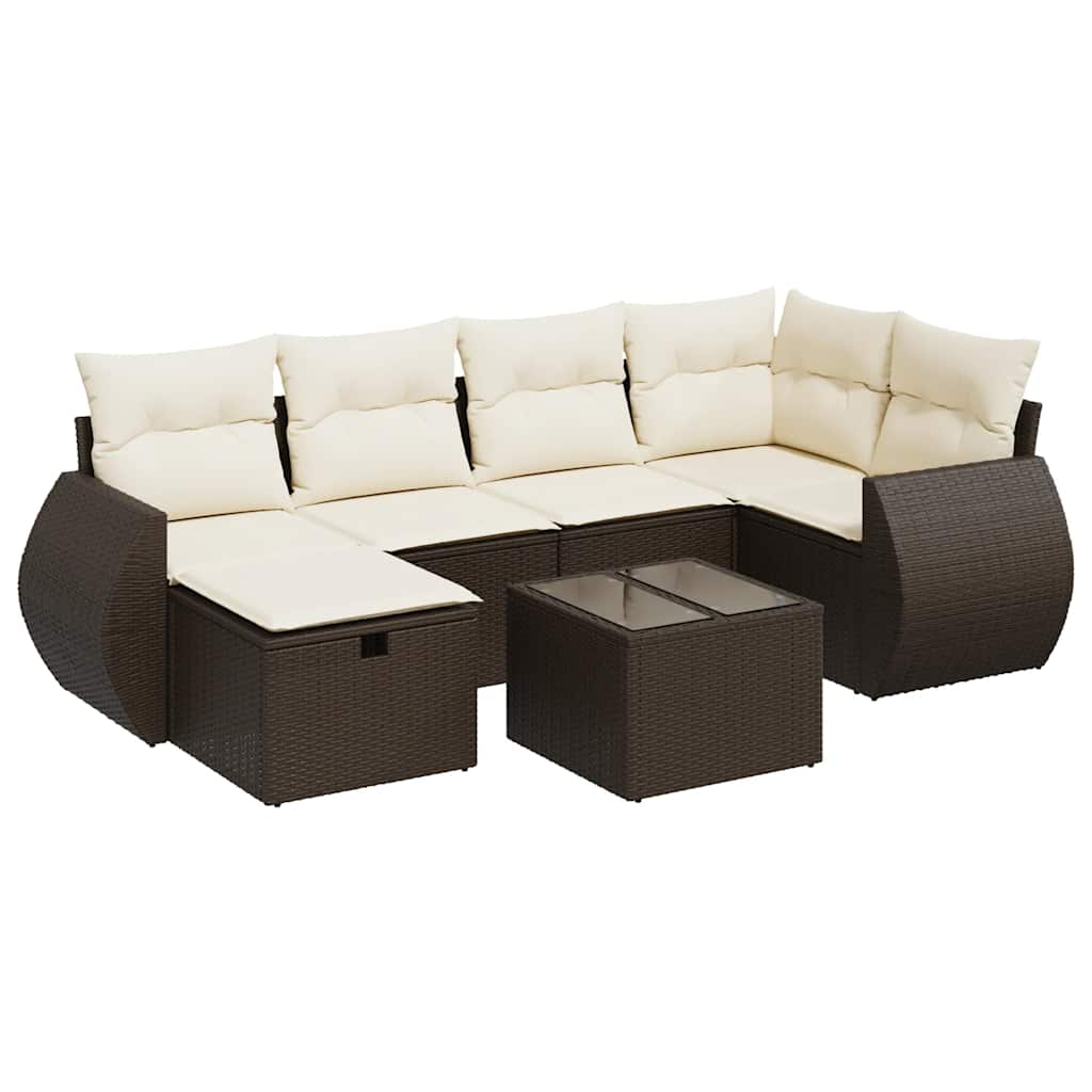 Set Divani da Giardino 7 pz con Cuscini Marrone in Polyrattan