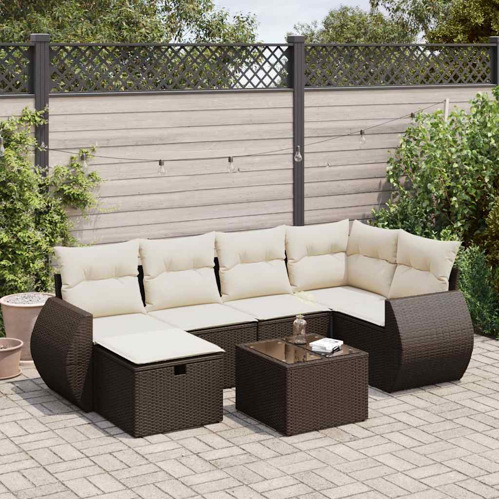 Set Divani da Giardino 7 pz con Cuscini Marrone in Polyrattan