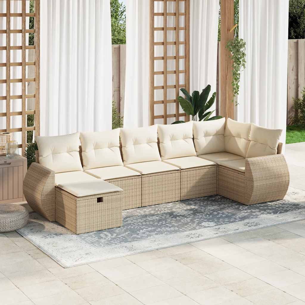 Set Divani da Giardino 7 pz con Cuscini Beige in Polyrattan