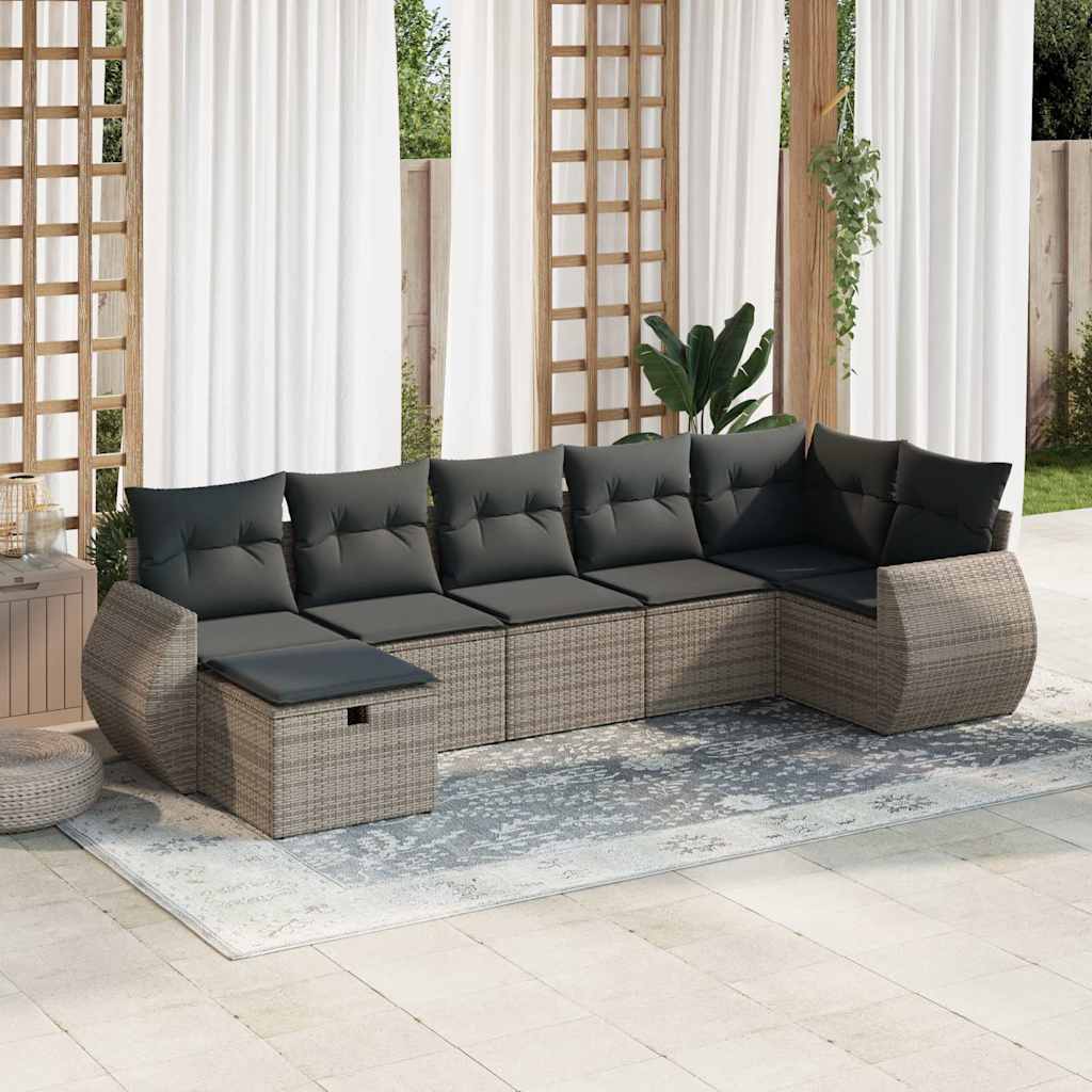 Set Divani da Giardino 7 pz con Cuscini Grigio in Polyrattan