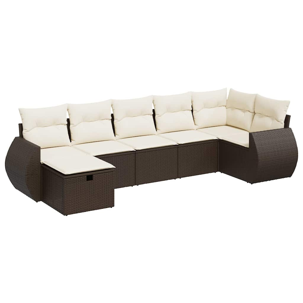 Set Divani da Giardino 7 pz con Cuscini Marrone in Polyrattan