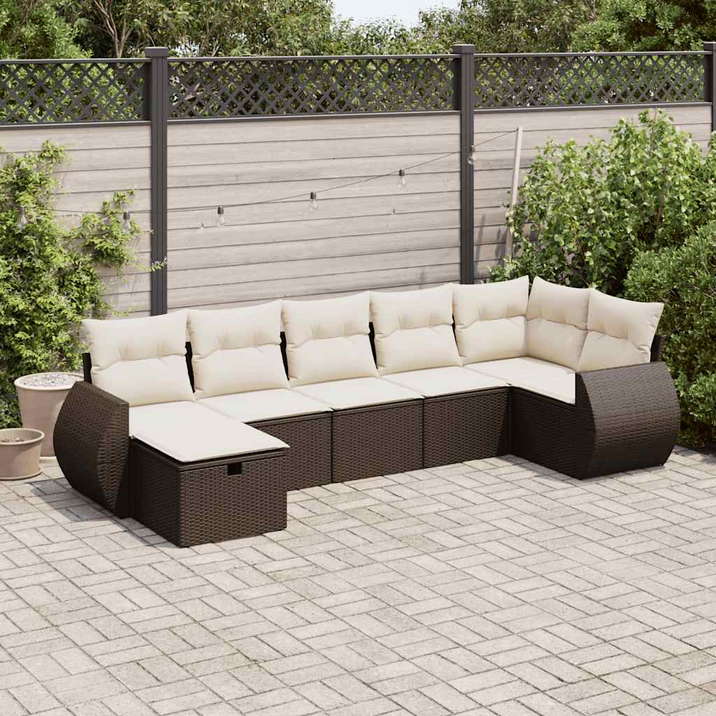 Set Divani da Giardino 7 pz con Cuscini Marrone in Polyrattan