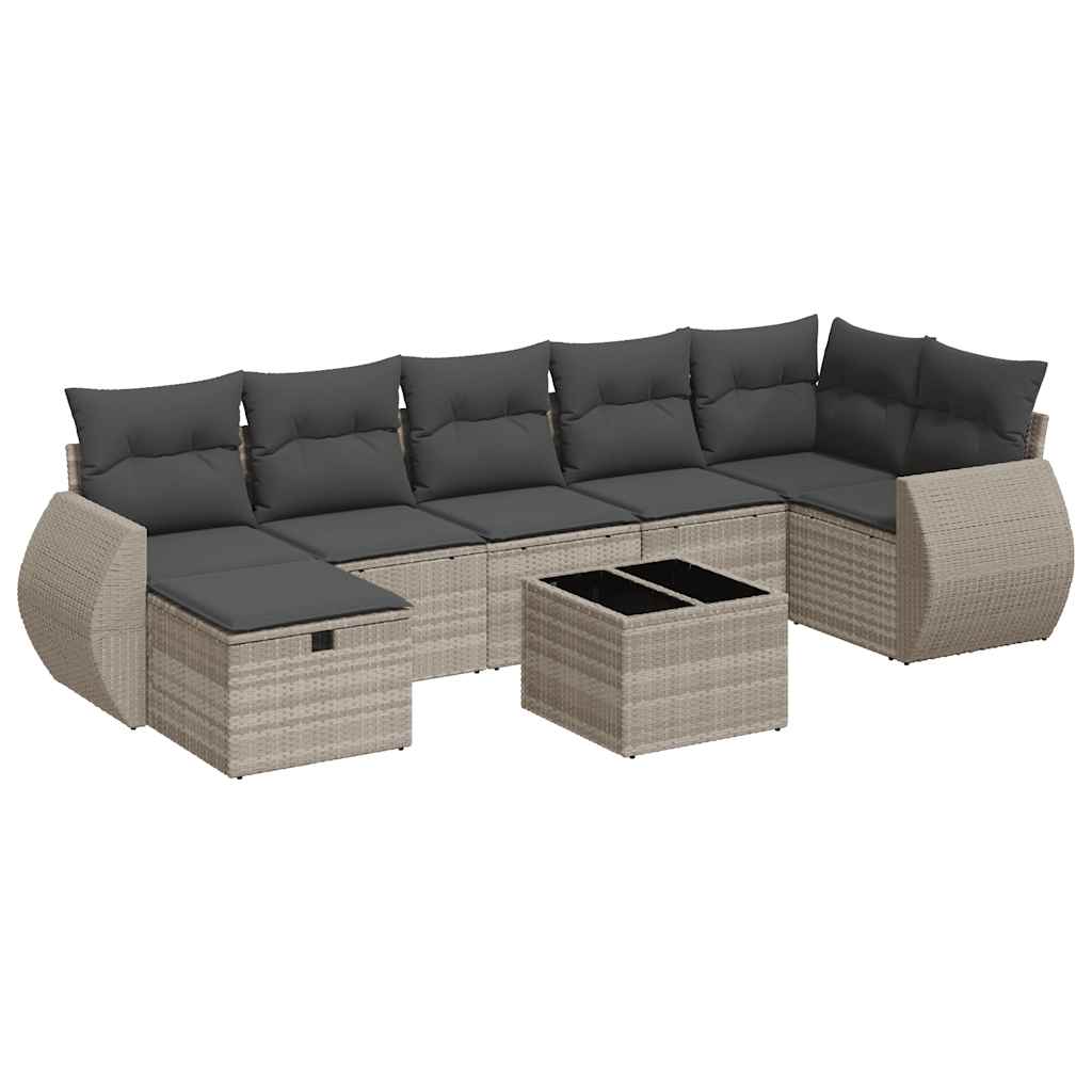 Set Divano da Giardino 8pz con Cuscini Grigio Chiaro Polyrattan