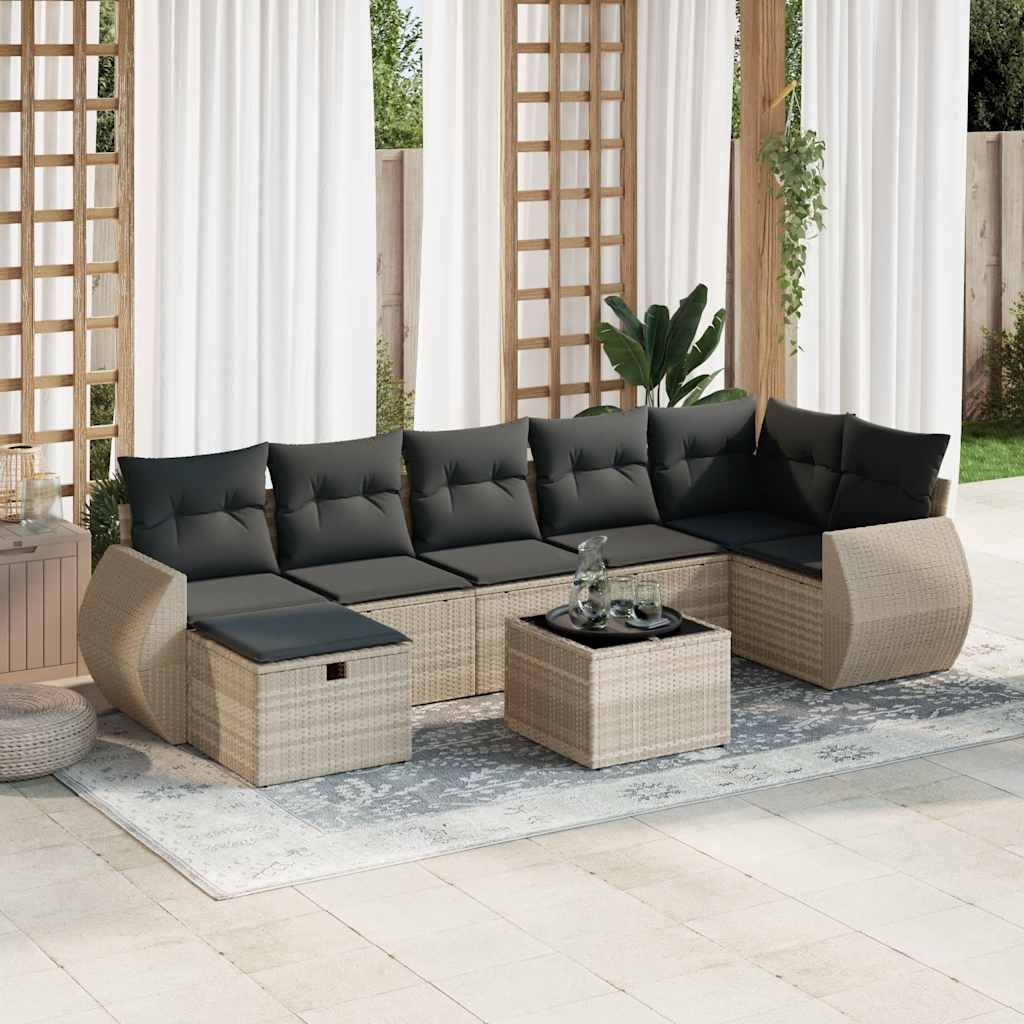 Set Divano da Giardino 8pz con Cuscini Grigio Chiaro Polyrattan