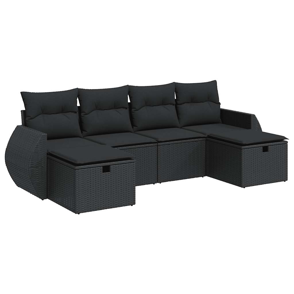 Set Divano da Giardino 6 pz con Cuscini Nero in Polyrattan