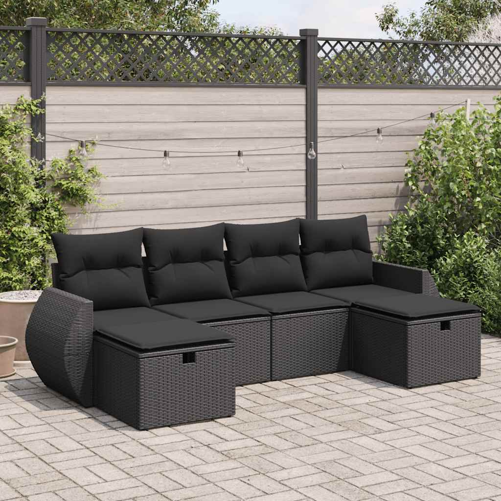 Set Divano da Giardino 6 pz con Cuscini Nero in Polyrattan