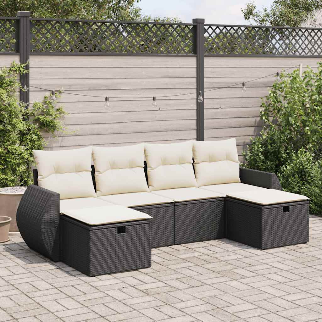 Set Divano da Giardino 6 pz con Cuscini Nero in Polyrattan