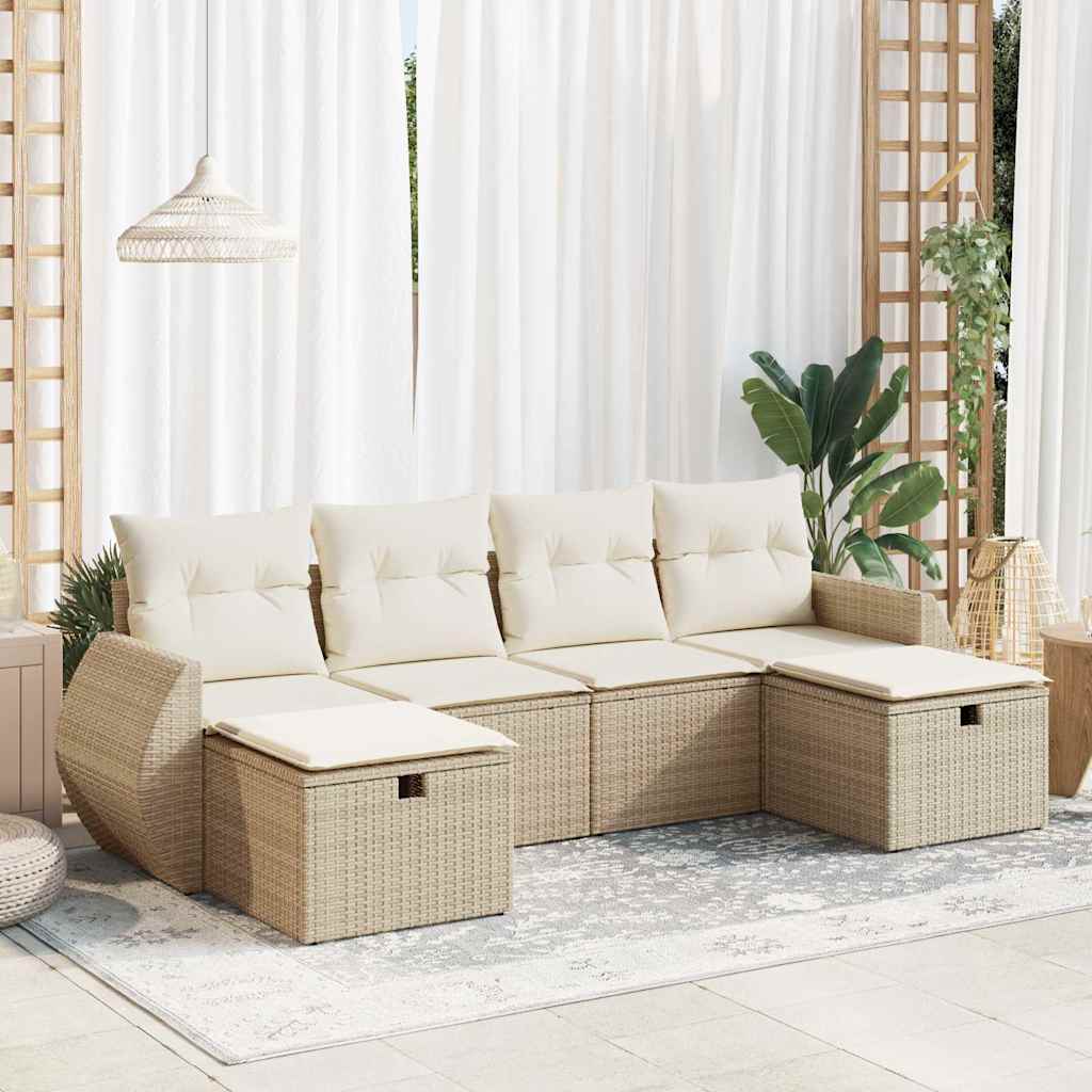 Set Divano da Giardino 6 pz con Cuscini Beige in Polyrattan