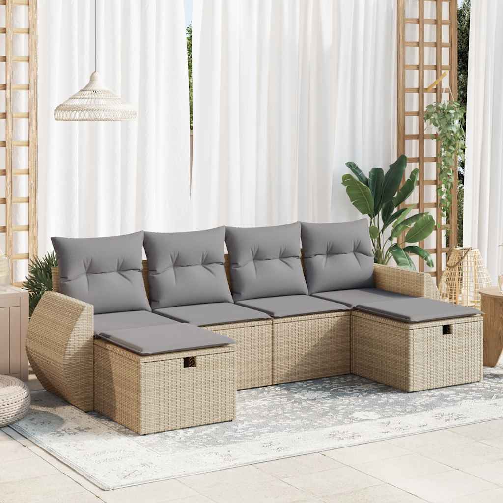 Set Divano da Giardino 6 pz con Cuscini Beige in Polyrattan