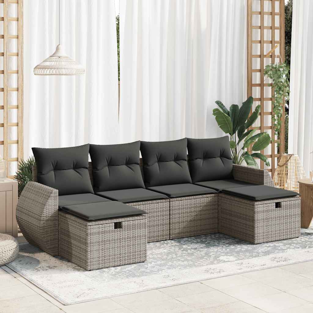 Set Divano da Giardino 6 pz con Cuscini Grigio in Polyrattan