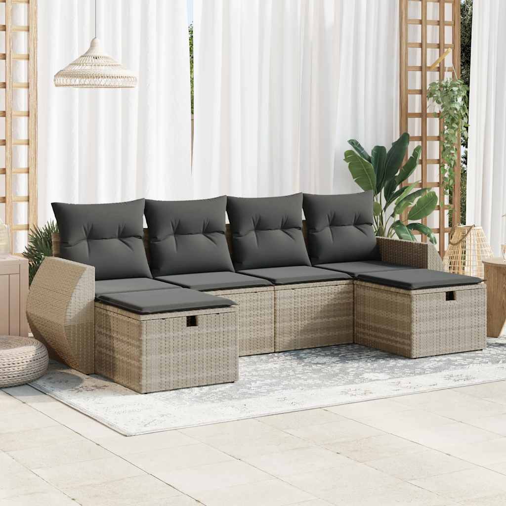 Set Divano da Giardino 6pz con Cuscini Grigio Chiaro Polyrattan