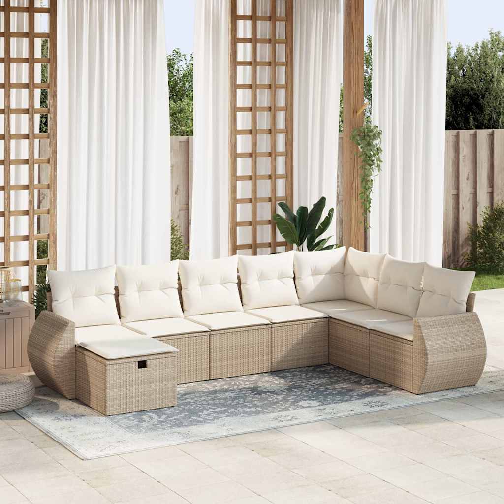 Set Divano da Giardino 8 pz con Cuscini Beige in Polyrattan