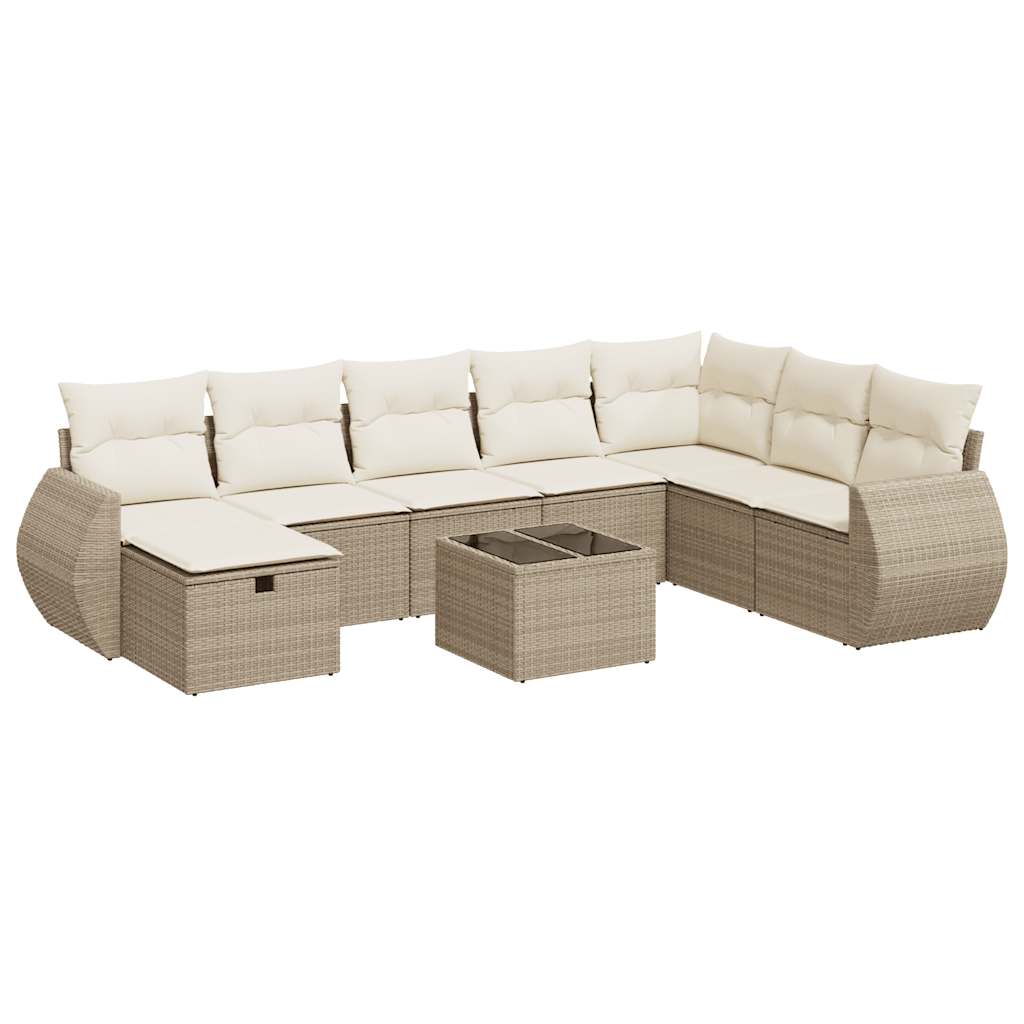 Set Divano da Giardino 9 pz con Cuscini Beige in Polyrattan