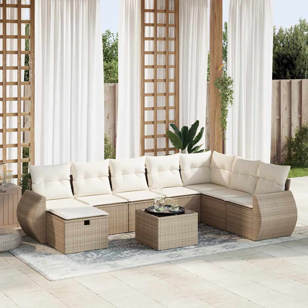 Set Divano da Giardino 9 pz con Cuscini Beige in Polyrattan