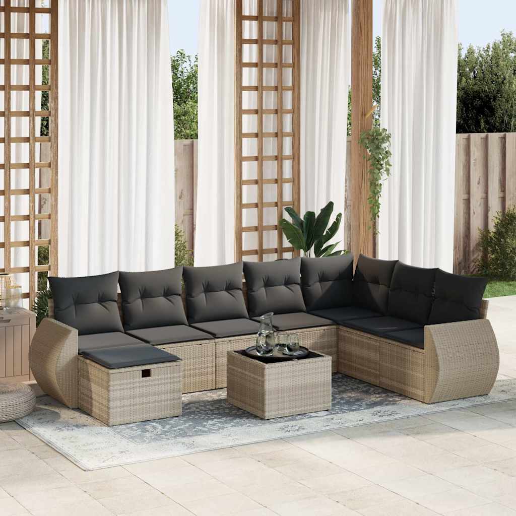 Set Divano da Giardino 9pz con Cuscini Grigio Chiaro Polyrattan