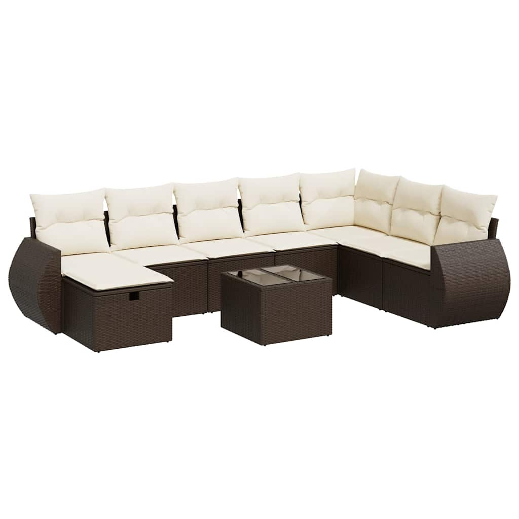 Set Divani da Giardino 9pz con Cuscini Marrone in Polyrattan