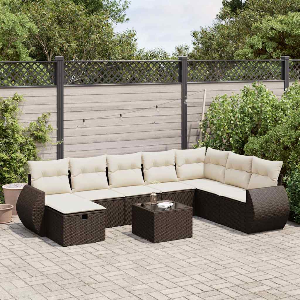 Set Divani da Giardino 9pz con Cuscini Marrone in Polyrattan