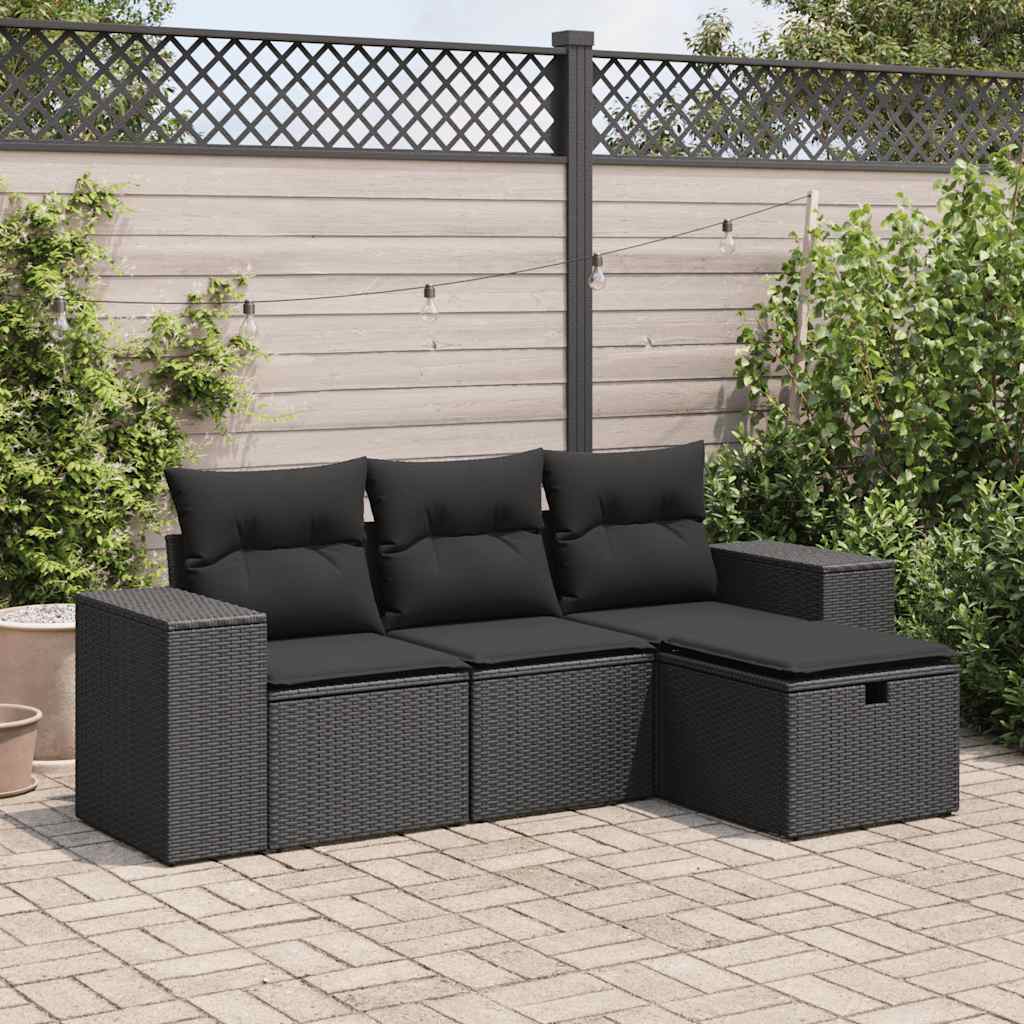 Set Divani da Giardino 4 pz con Cuscini Nero in Polyrattan