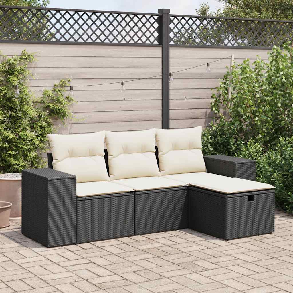 Set Divani da Giardino 4 pz con Cuscini Nero in Polyrattan