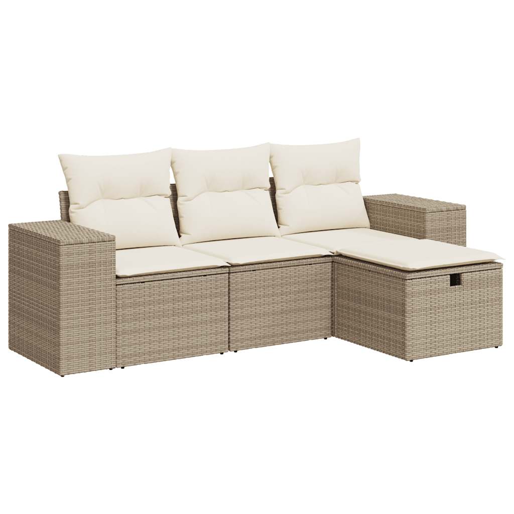 Set Divano da Giardino 4 pz con Cuscini Beige in Polyrattan