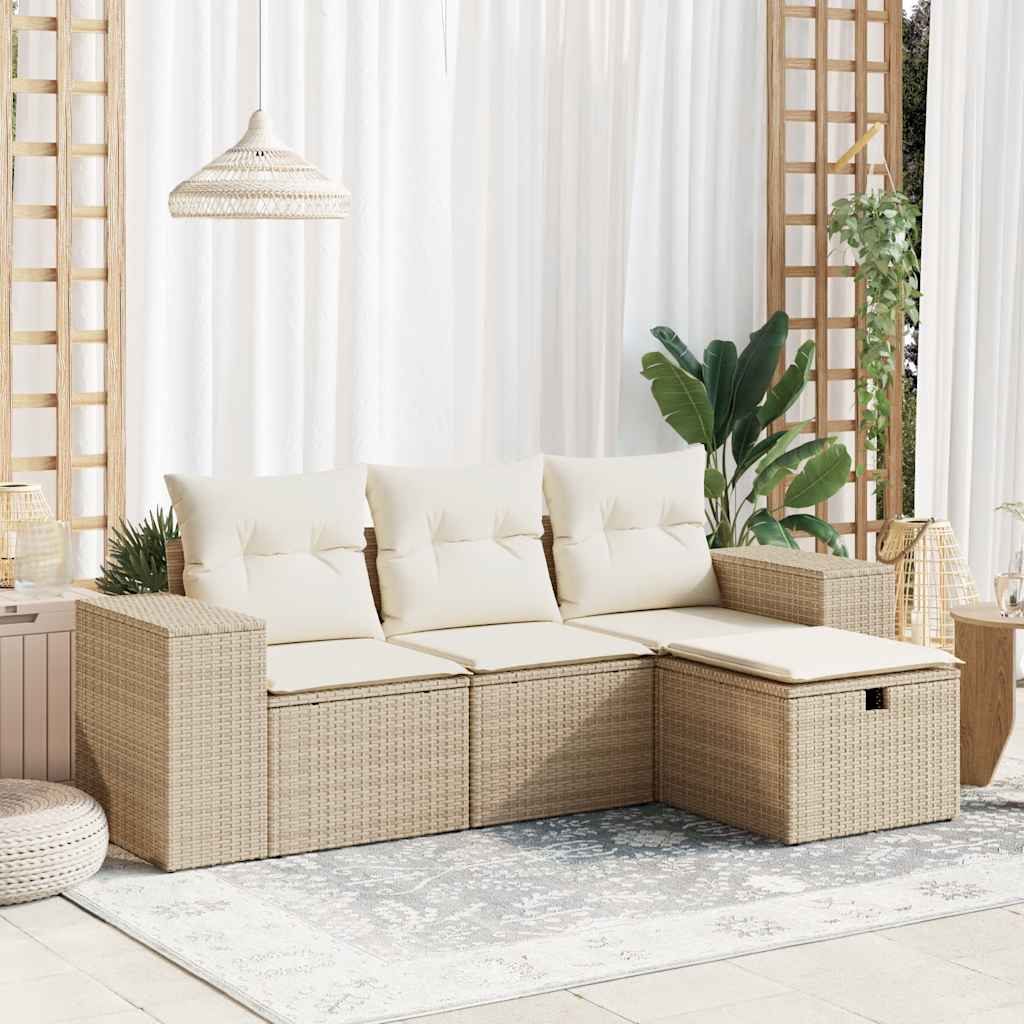 Set Divano da Giardino 4 pz con Cuscini Beige in Polyrattan