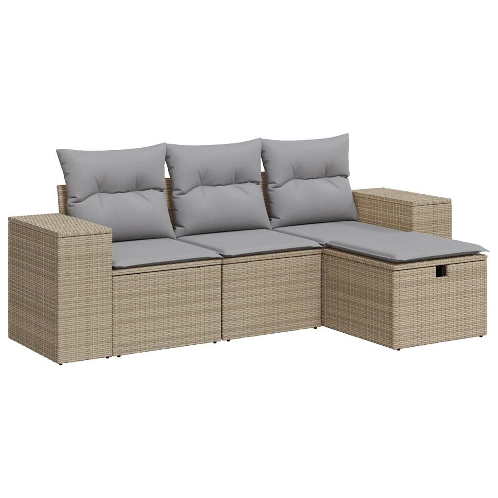 Set Divano da Giardino 4 pz con Cuscini Beige in Polyrattan