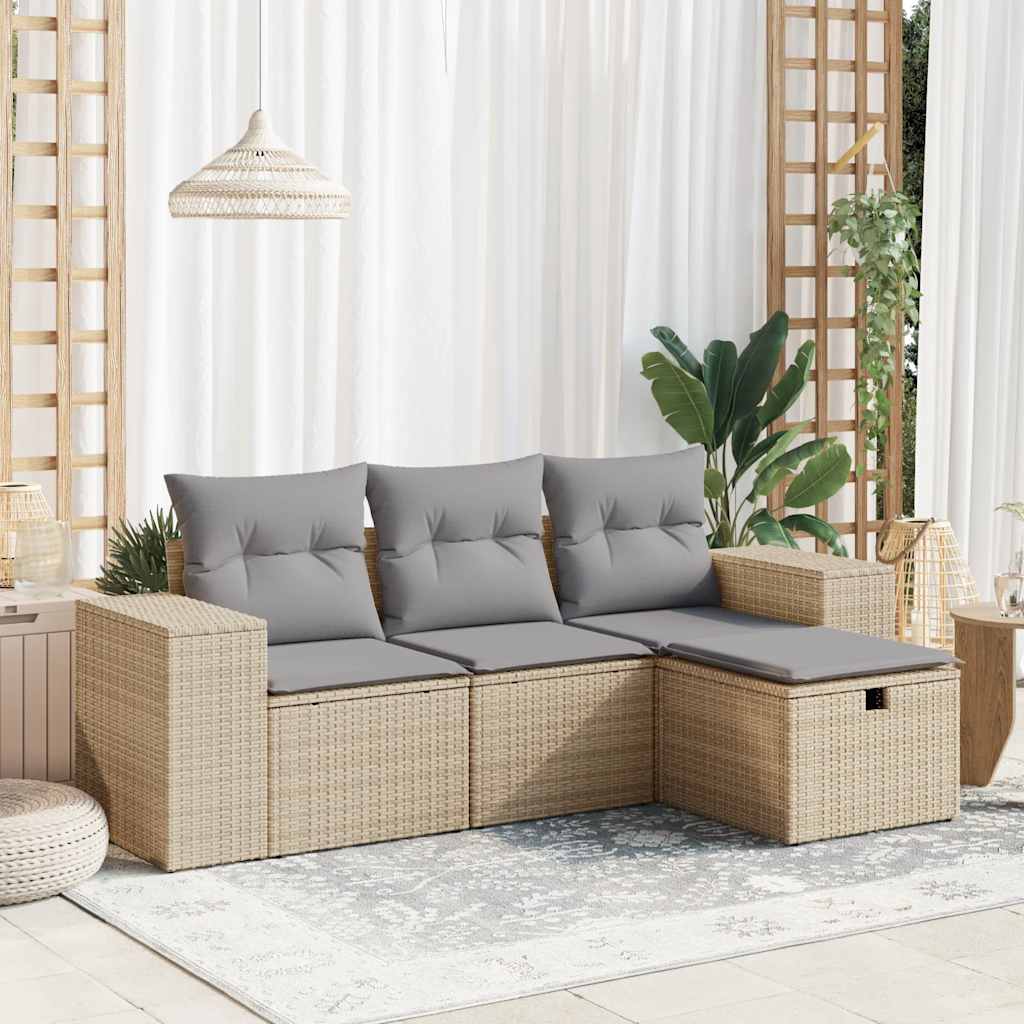 Set Divano da Giardino 4 pz con Cuscini Beige in Polyrattan