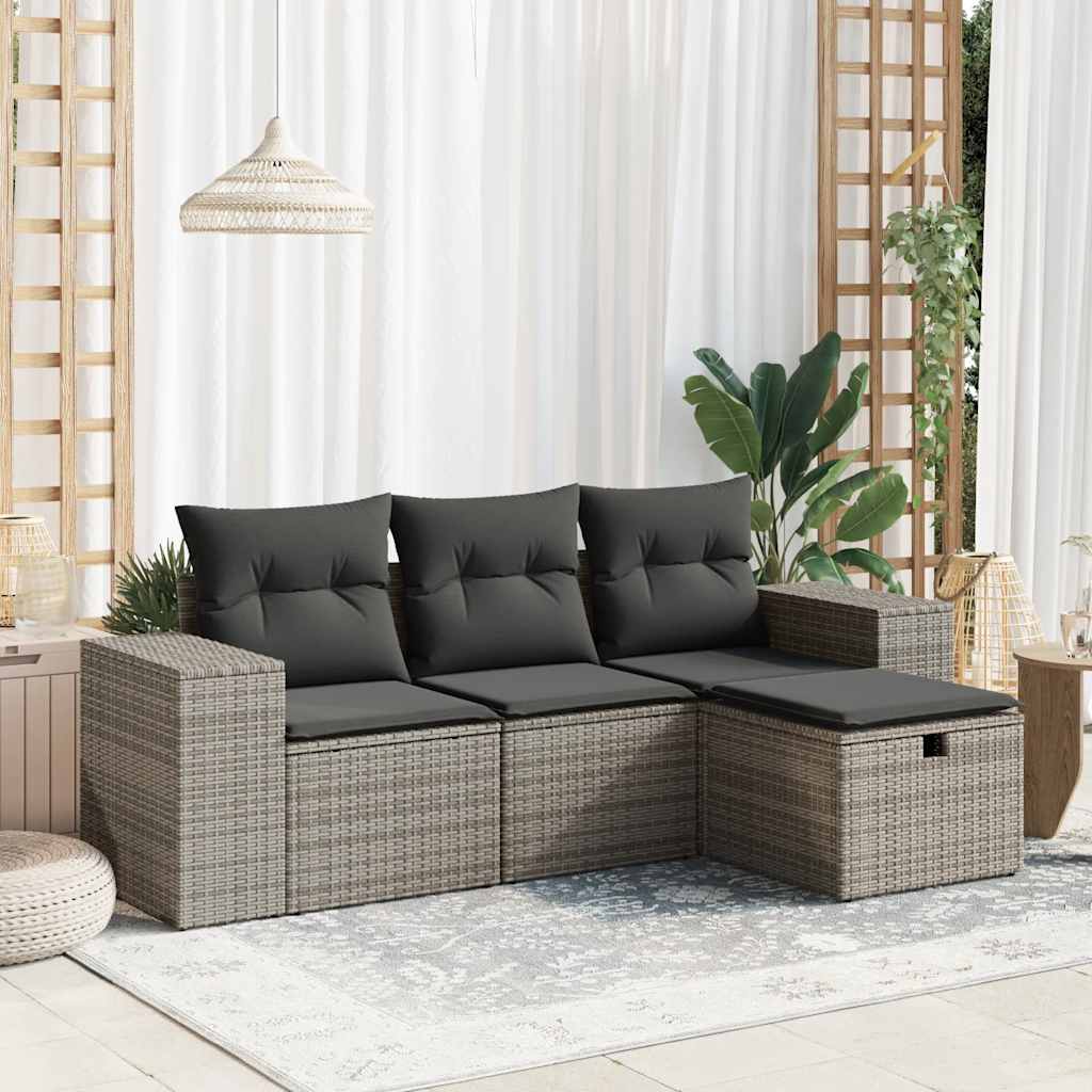 Set Divani da Giardino 4 pz con Cuscini in Polyrattan Grigio