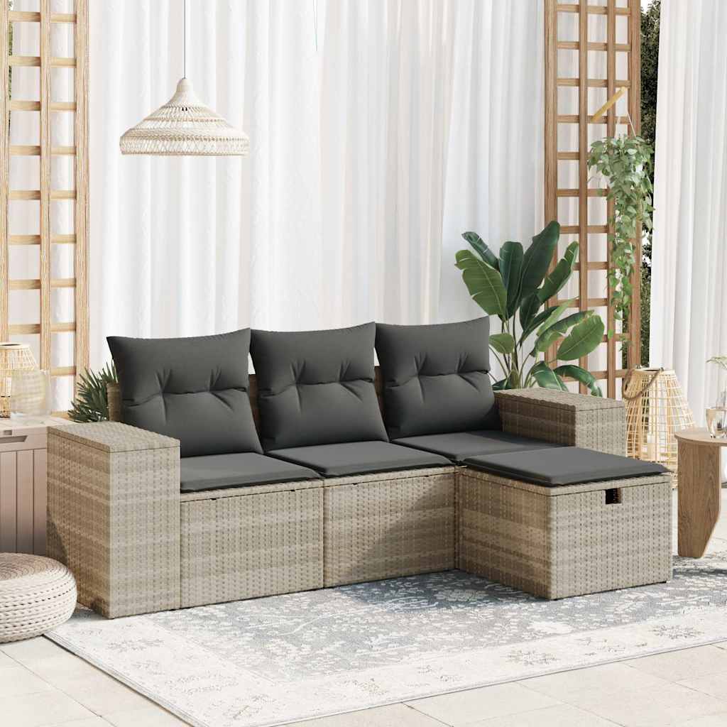 Set Divano da Giardino 4pz con Cuscini Grigio Chiaro Polyrattan