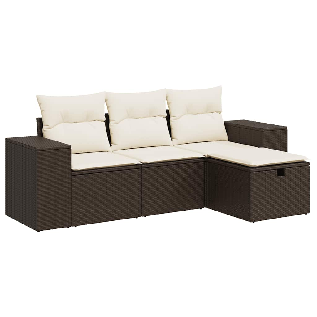 Set Divano da Giardino 4 pz con Cuscini Marrone in Polyrattan