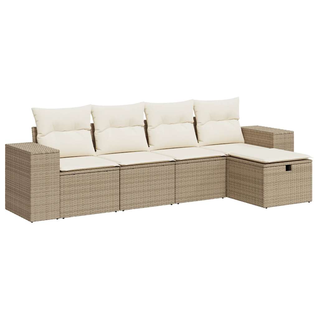 Set Divano da Giardino 5 pz con Cuscini Beige in Polyrattan