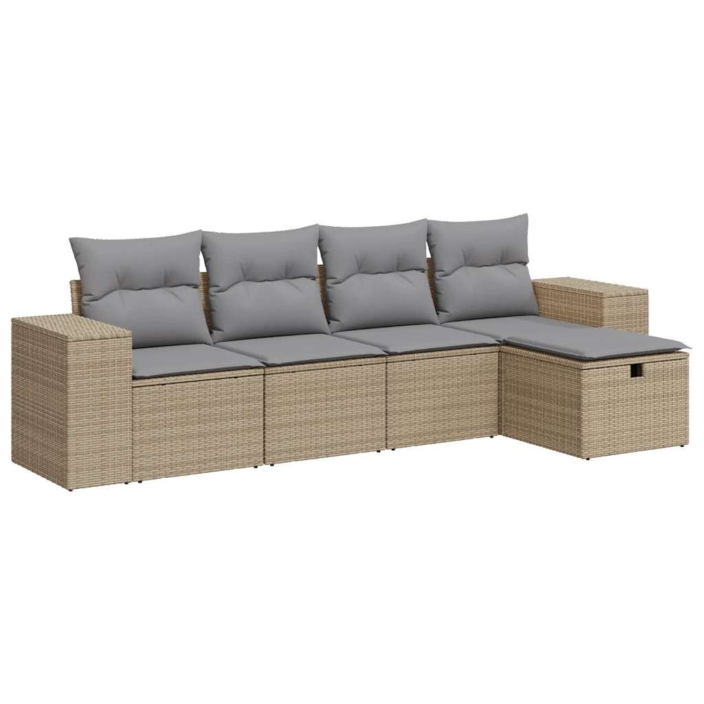 Set Divano da Giardino 5 pz con Cuscini Beige in Polyrattan