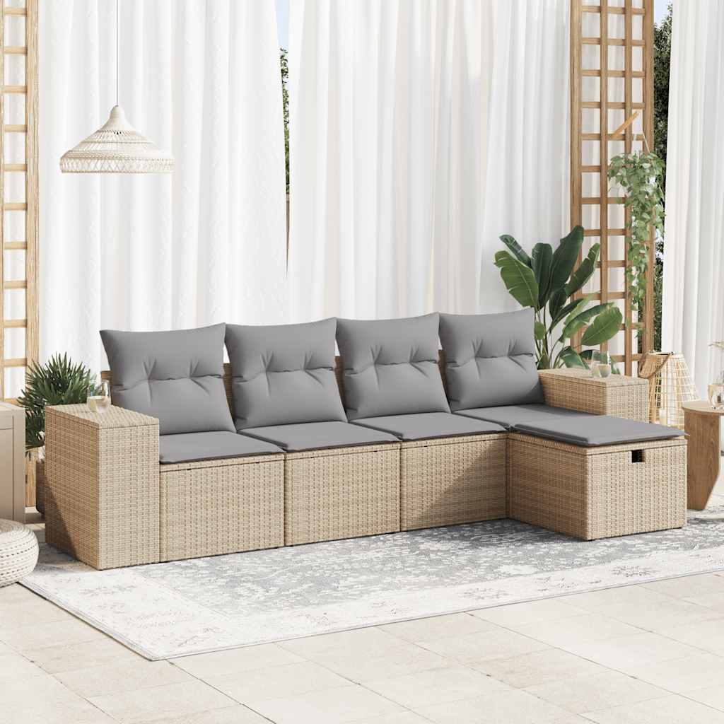 Set Divano da Giardino 5 pz con Cuscini Beige in Polyrattan