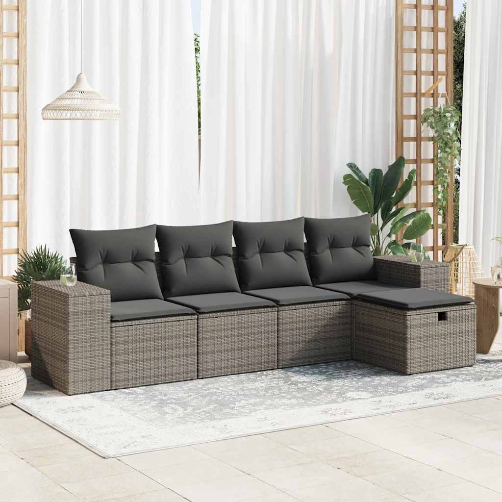 Set Divano da Giardino 5 pz con Cuscini Grigio in Polyrattan