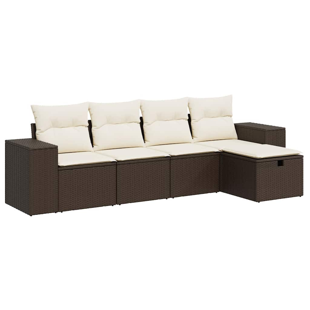 Set Divano da Giardino 5 pz con Cuscini Marrone in Polyrattan