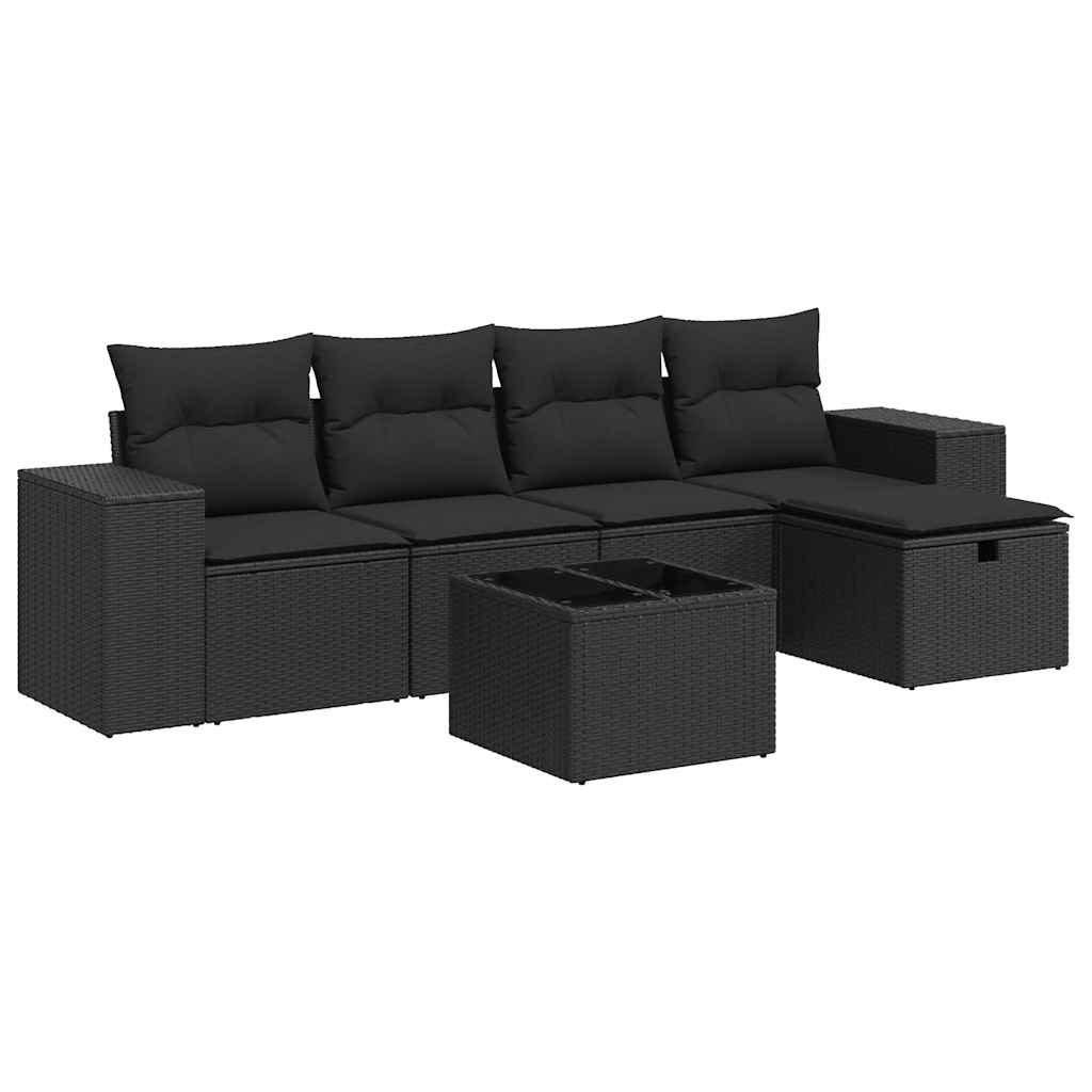 Set Divano da Giardino 6 pz con Cuscini Nero in Polyrattan