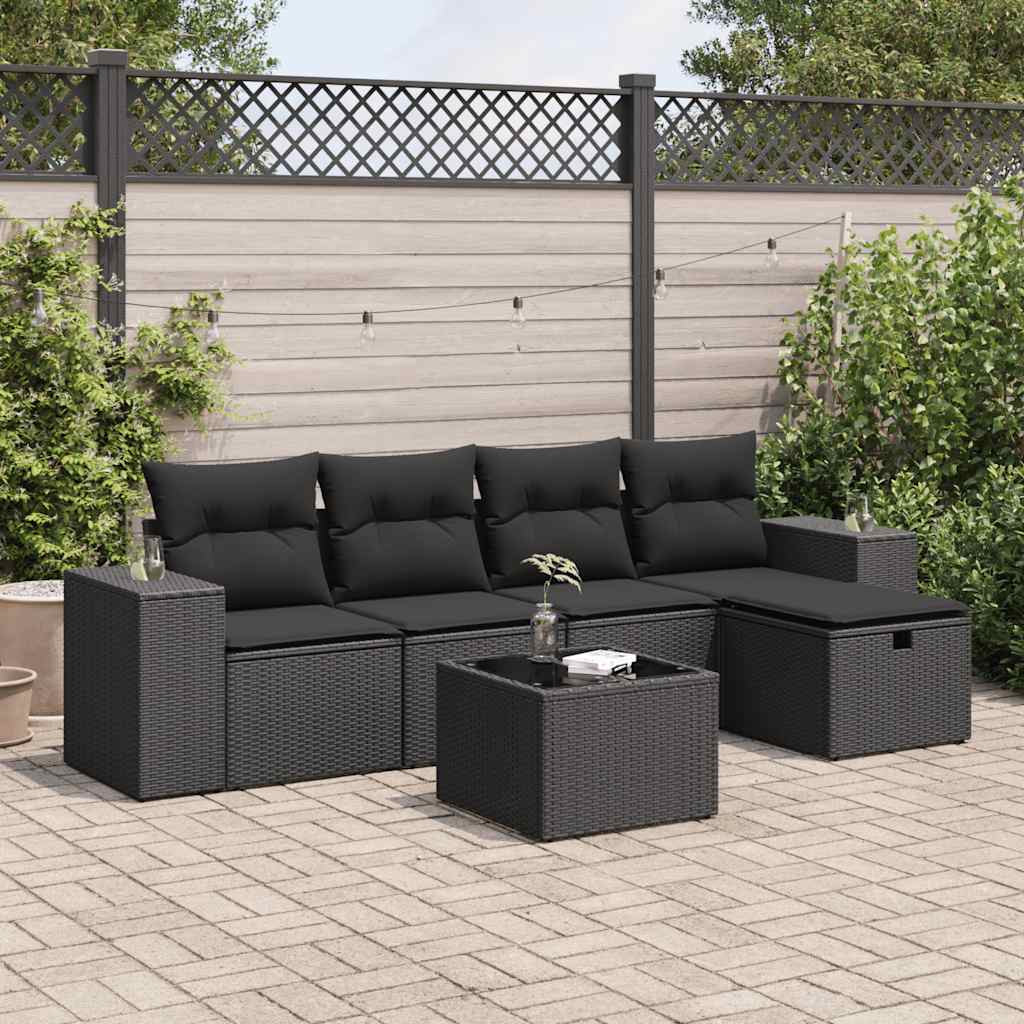 Set Divano da Giardino 6 pz con Cuscini Nero in Polyrattan