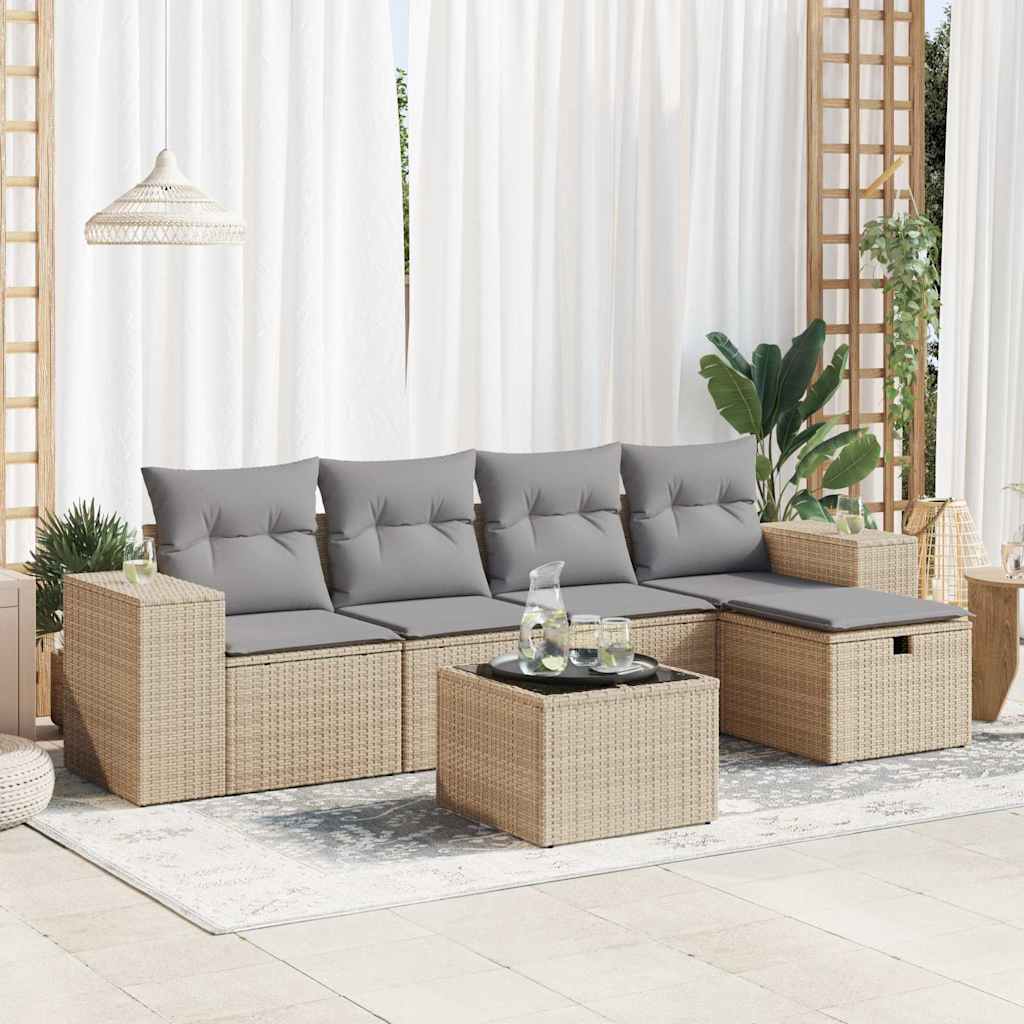 Set Divano da Giardino 6 pz con Cuscini Beige in Polyrattan