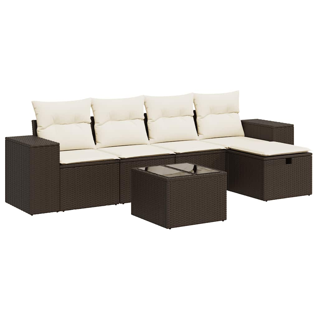 Set Divano da Giardino 6 pz con Cuscini Marrone in Polyrattan