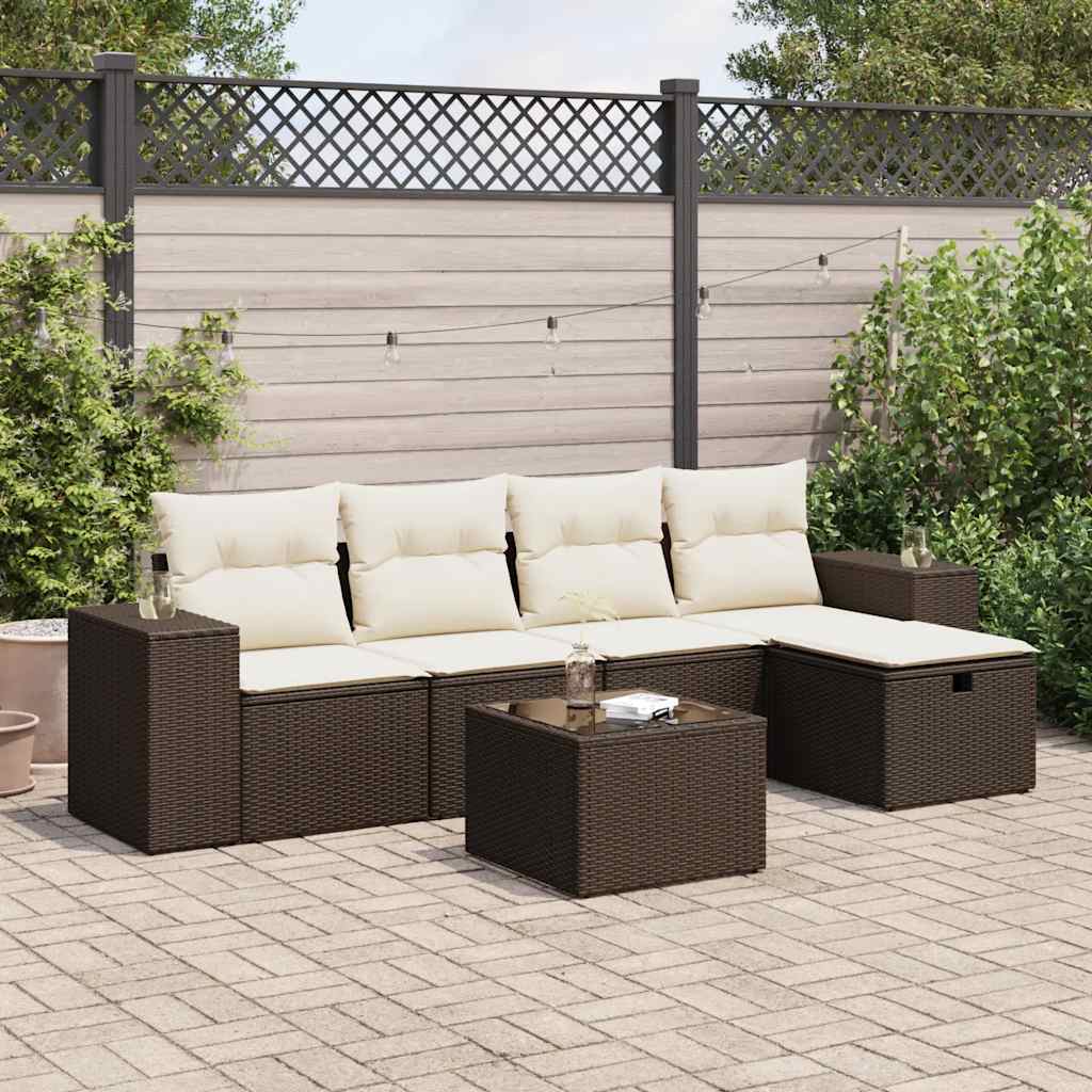 Set Divano da Giardino 6 pz con Cuscini Marrone in Polyrattan