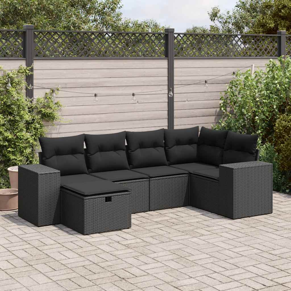 Set Divano da Giardino 6 pz con Cuscini Nero in Polyrattan