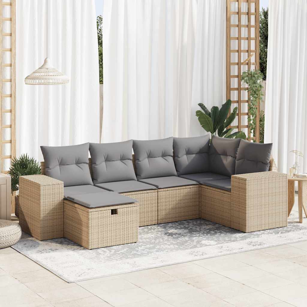 Set Divano da Giardino 6 pz con Cuscini Beige in Polyrattan