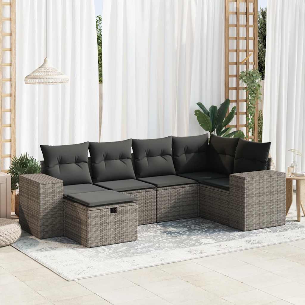 Set Divano da Giardino 6 pz con Cuscini Grigio in Polyrattan