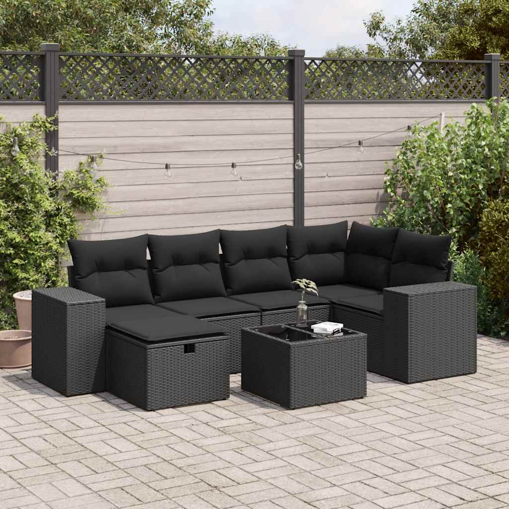 Set Divani da Giardino con Cuscini 7pz Nero Polyrattan