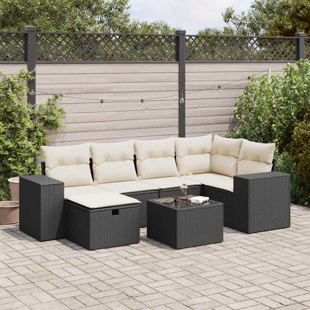 Set Divani da Giardino con Cuscini 7pz Nero Polyrattan