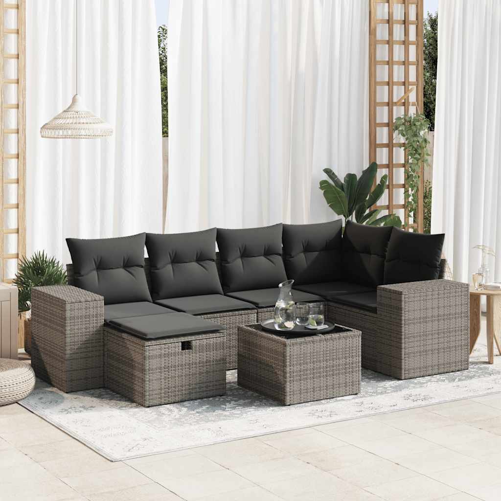 Set Divani da Giardino 7 pz con Cuscini Grigio in Polyrattan