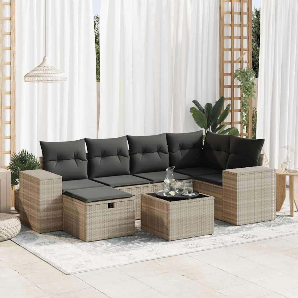 Set Divani da Giardino 7pz con Cuscini Grigio Chiaro Polyrattan