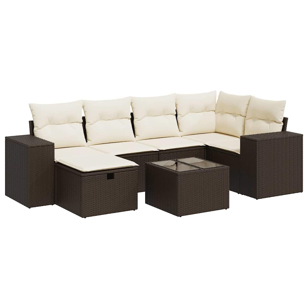 Set Divani da Giardino 7 pz con Cuscini Marrone in Polyrattan