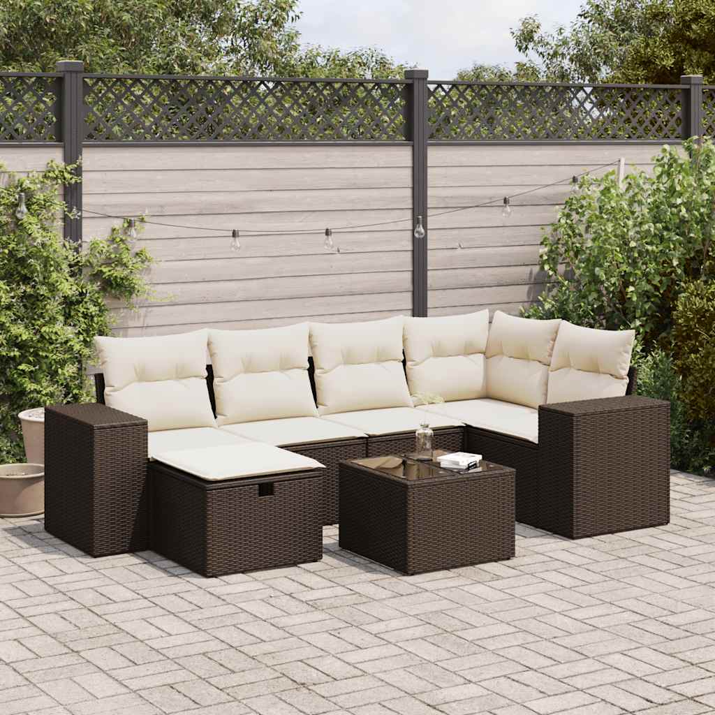 Set Divani da Giardino 7 pz con Cuscini Marrone in Polyrattan